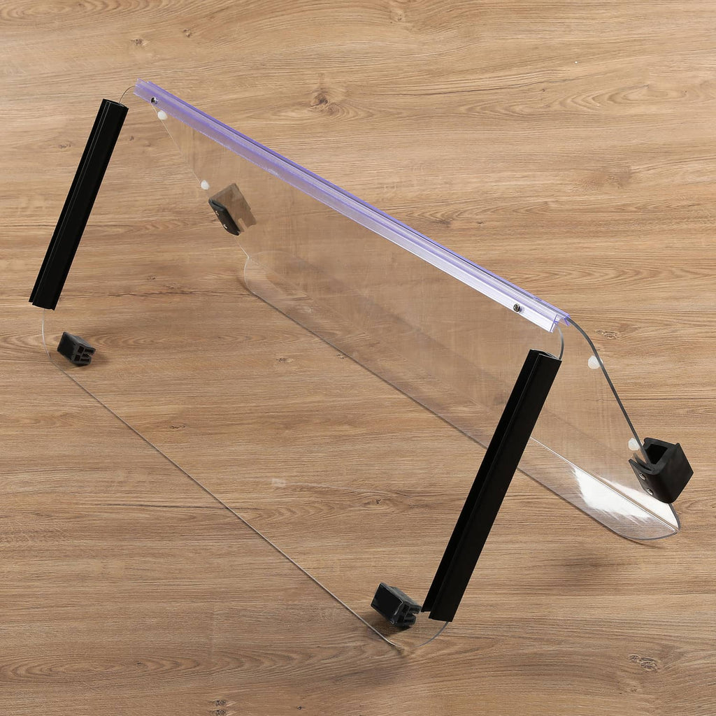 Clear folding golf cart windshield with black support bars and blue mounting rails
