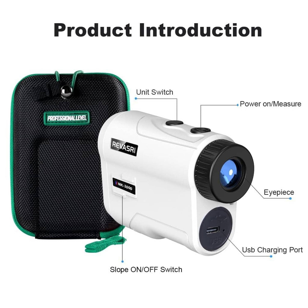 White golf rangefinder with callout labels for switches, charging port, and eyepiece.