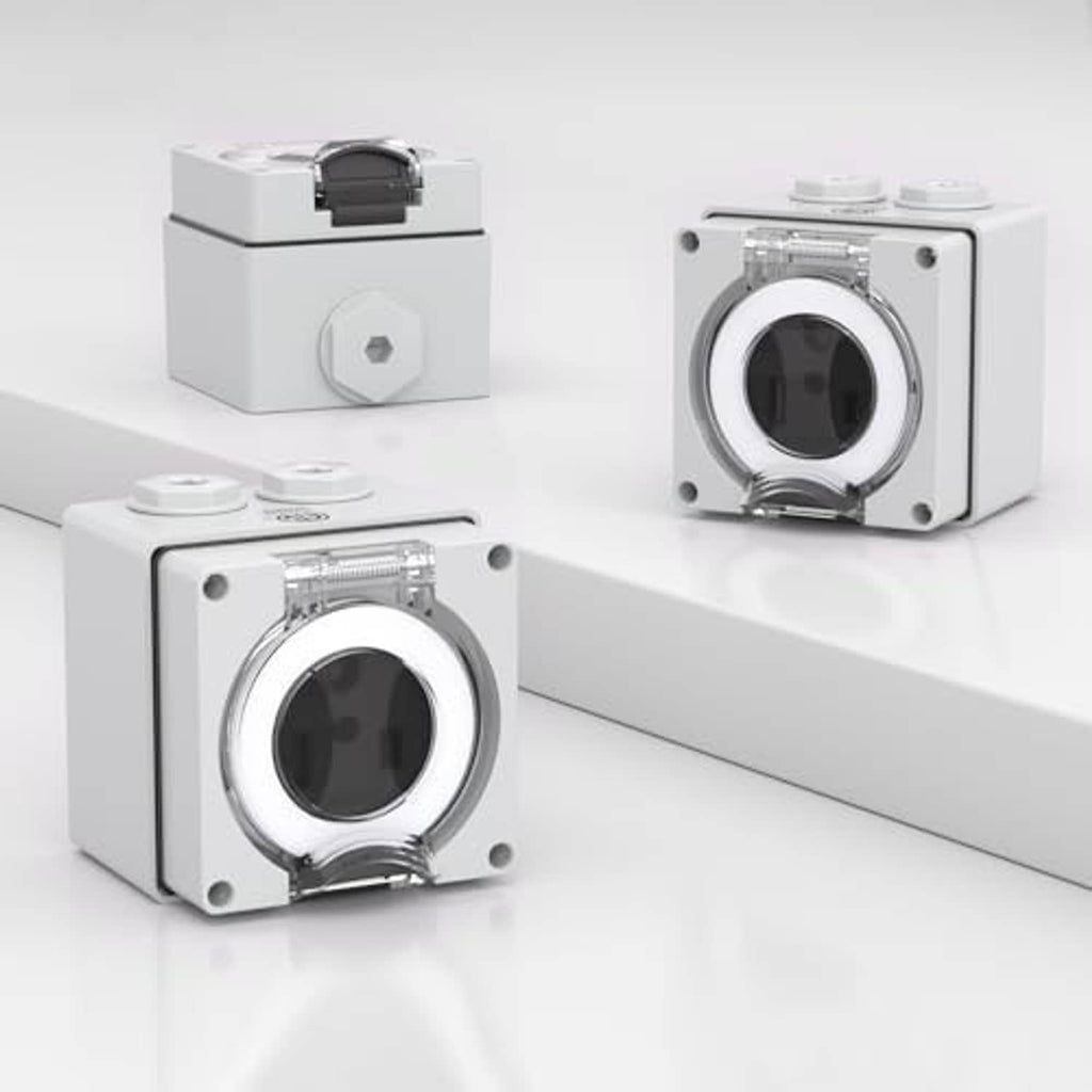 White NEMA 6-50R outdoor outlet box shown from multiple angles with circular receptacle