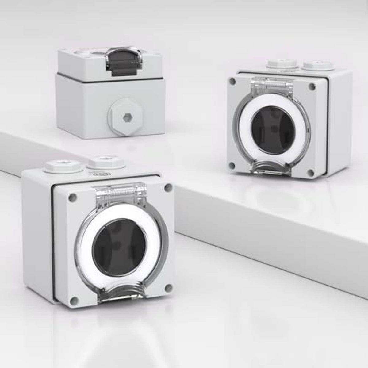White NEMA 6-50R outdoor outlet box shown from multiple angles with circular receptacle
