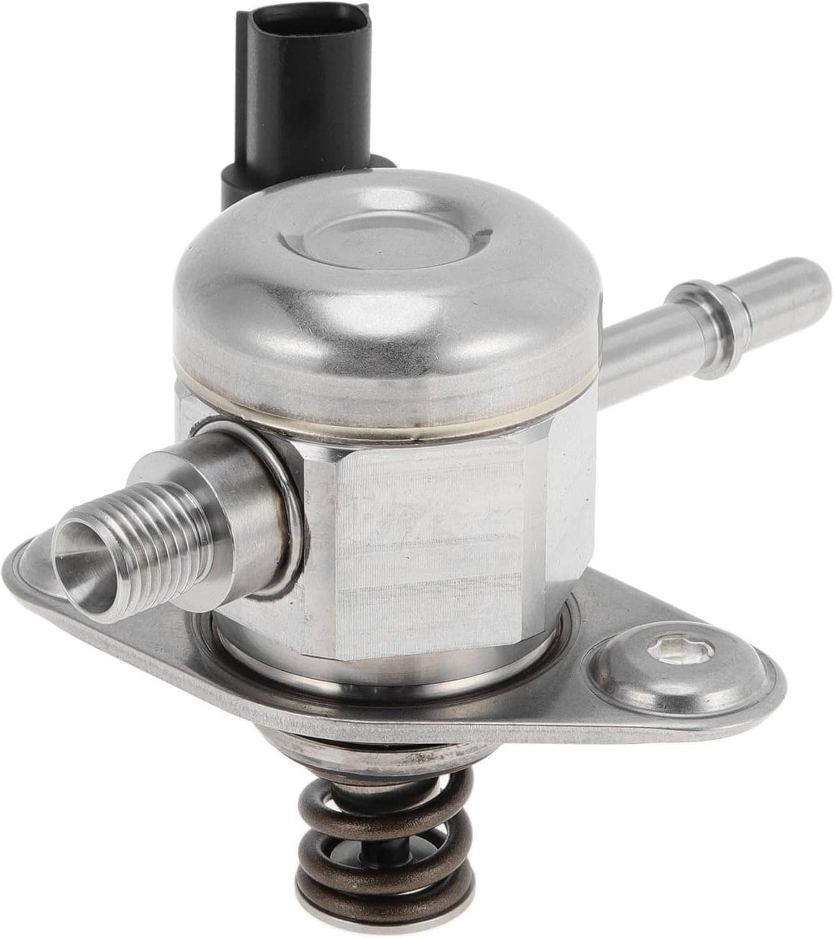 High pressure fuel pump with silver metal housing and inlet/outlet fittings