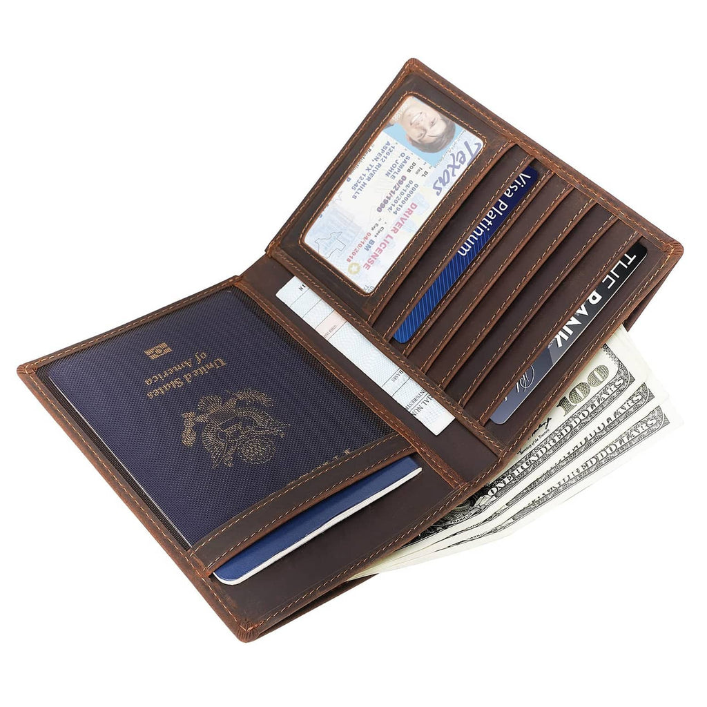 Brown leather passport holder open with ID and cards in the card slots