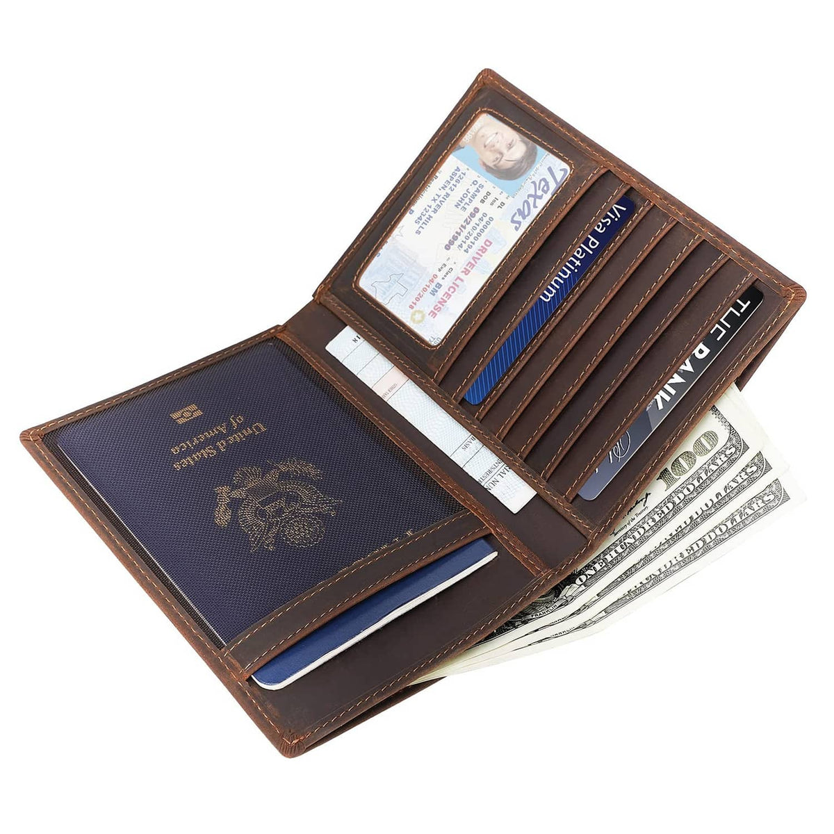 Brown leather passport holder open with ID and cards in the card slots