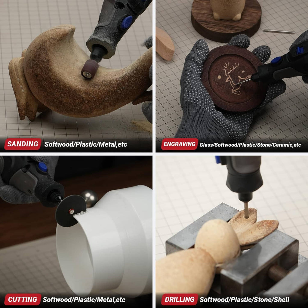 Accessories for sanding, engraving, cutting and drilling on wood, plastic and stone