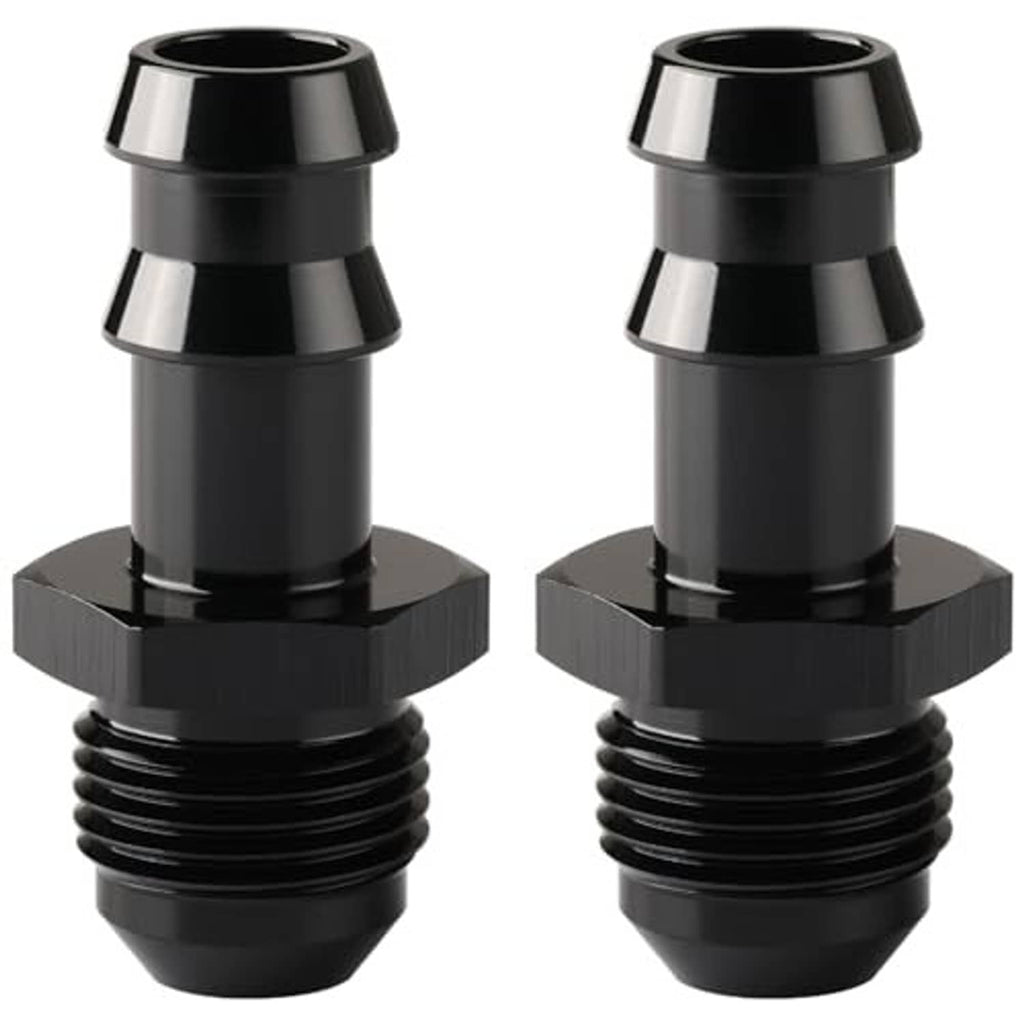 Black 8AN male flare-to-barb straight fittings with hex base and threaded sections
