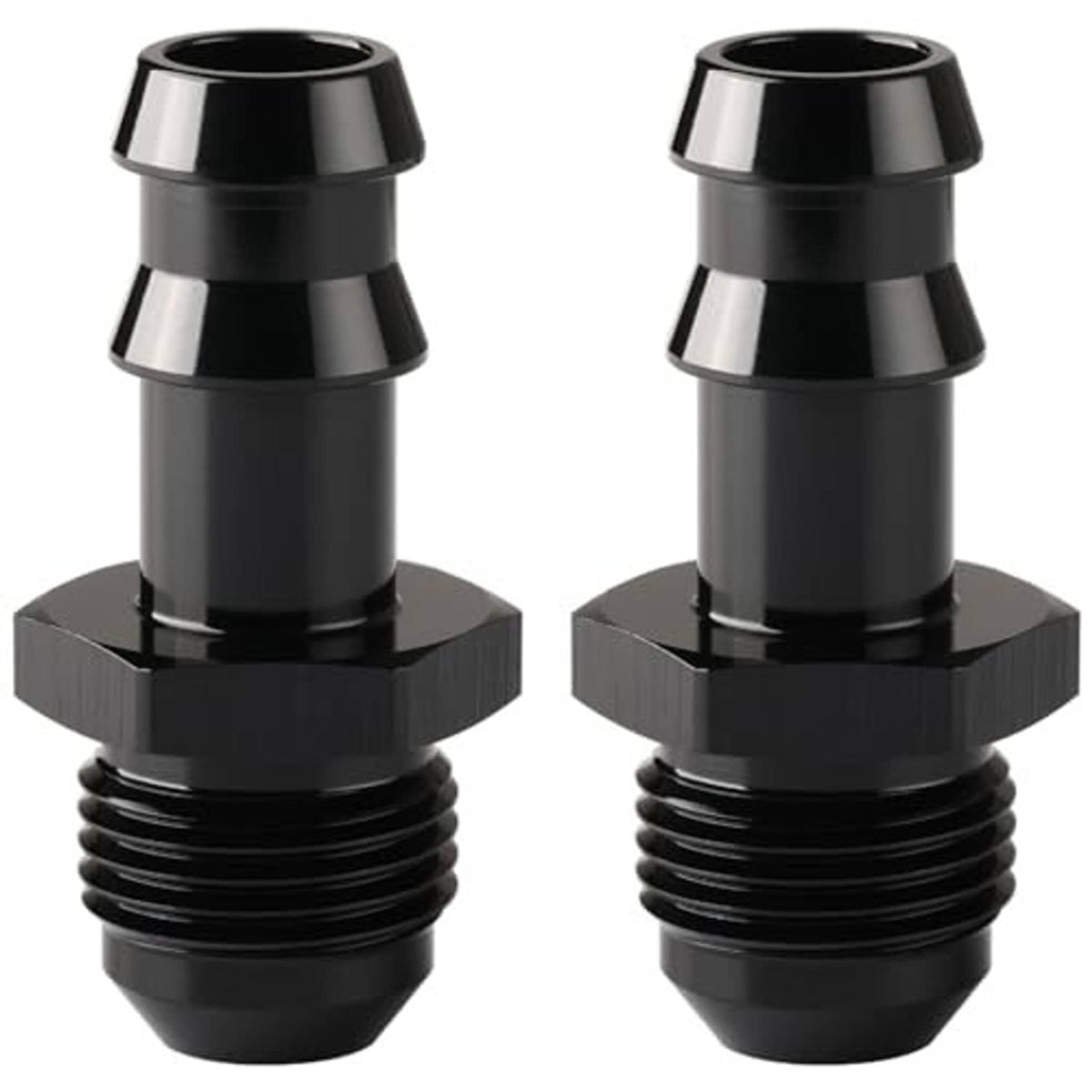 Black 8AN male flare-to-barb straight fittings with hex base and threaded sections