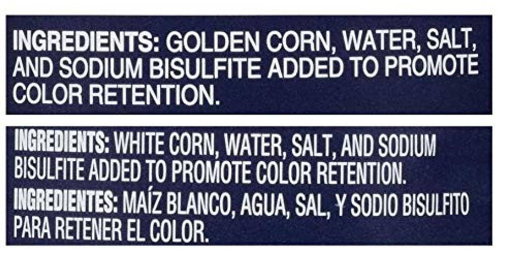 Can ingredients label text: golden and white corn with sodium bisulfite