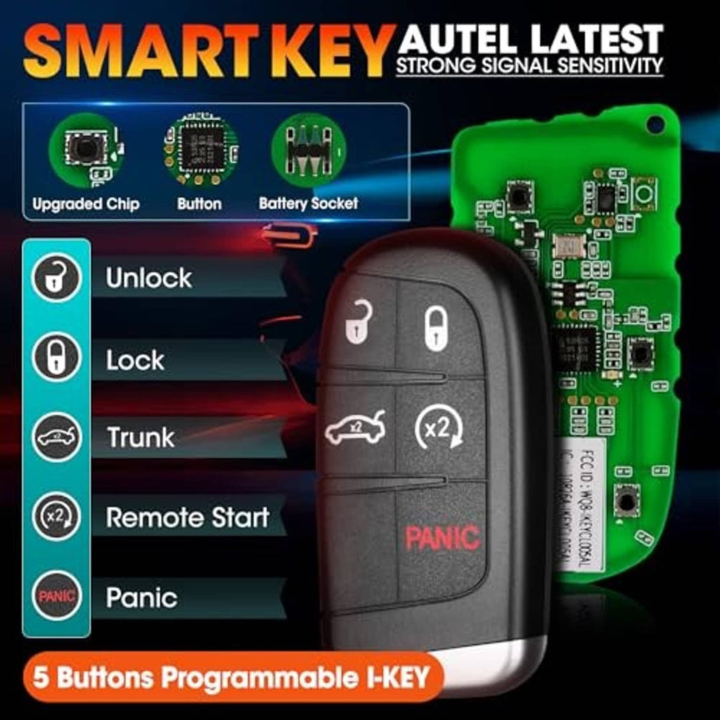 Black 5-button key fob with unlock, lock, trunk, remote start, panic; plus green circuit board
