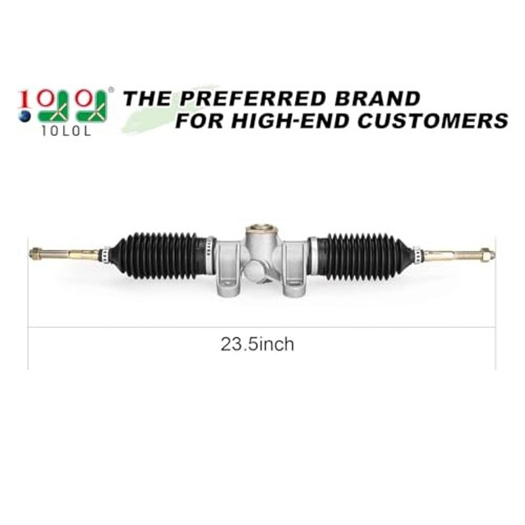 Steering rack assembly with black bellows and silver center; length shown as 23.5 in