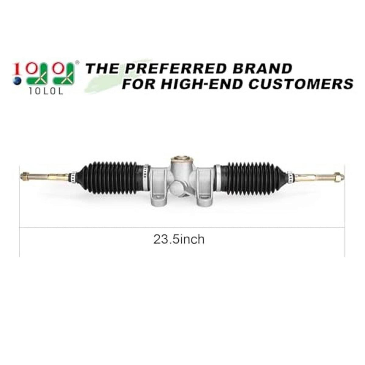 Steering rack assembly with black bellows and silver center; length shown as 23.5 in