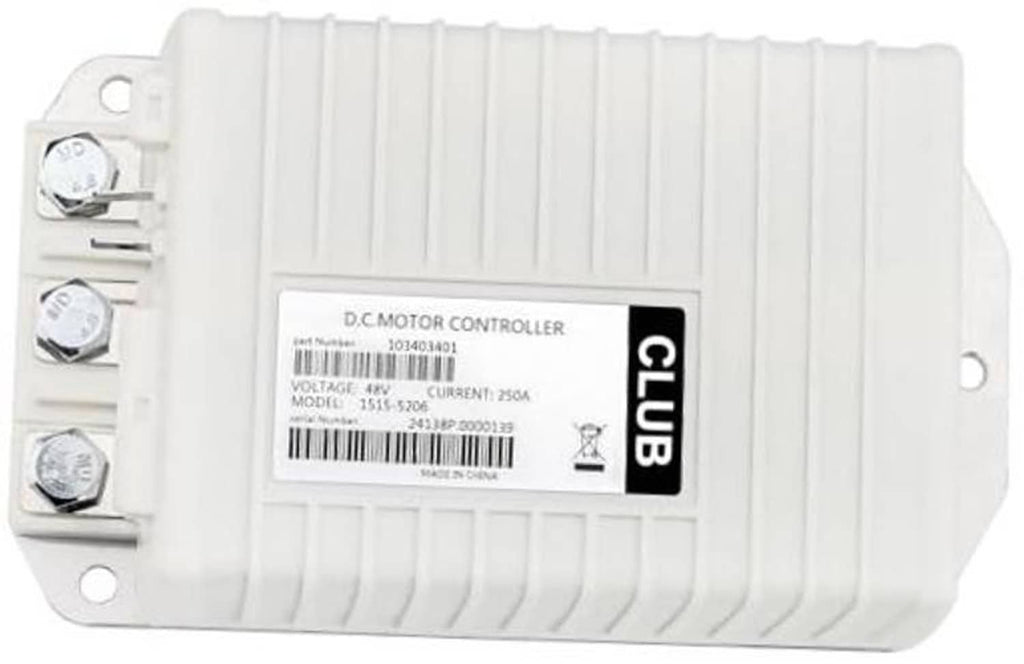White DC motor controller box with wiring terminals and visible model label plate