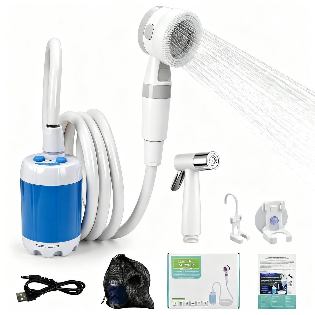 Rechargeable portable camping shower pump kit with blue and white pump, hose, and head