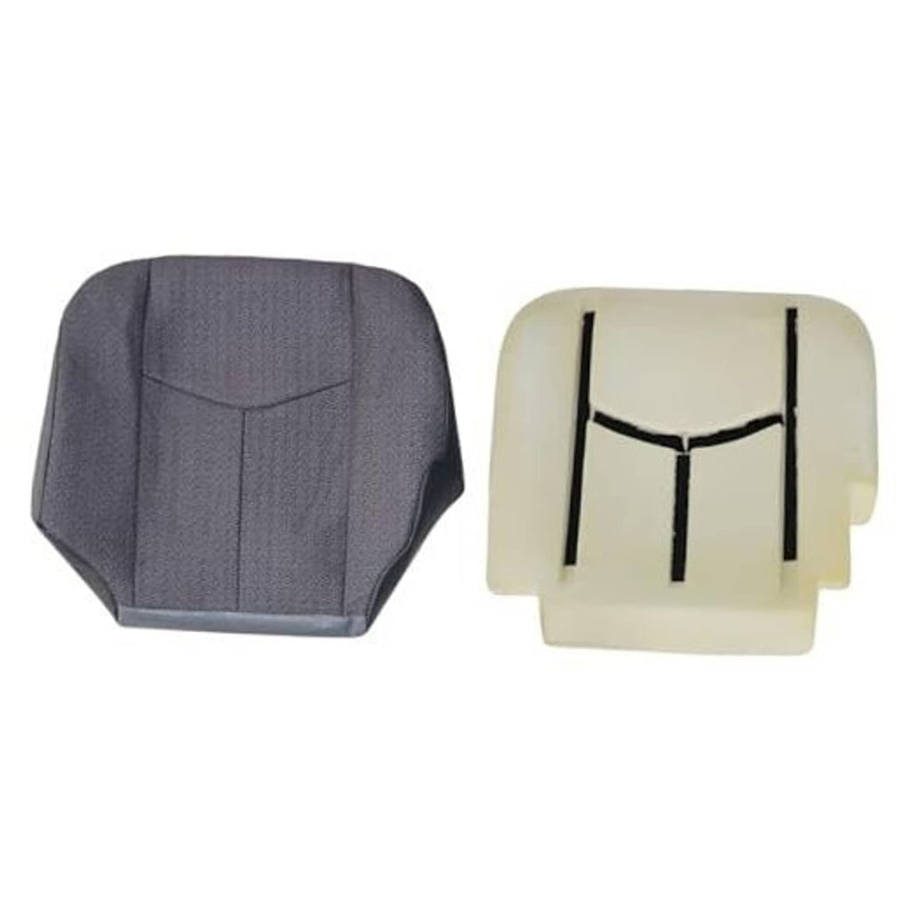 Dark gray cloth front driver seat bottom cover with molded contours and black trim edging