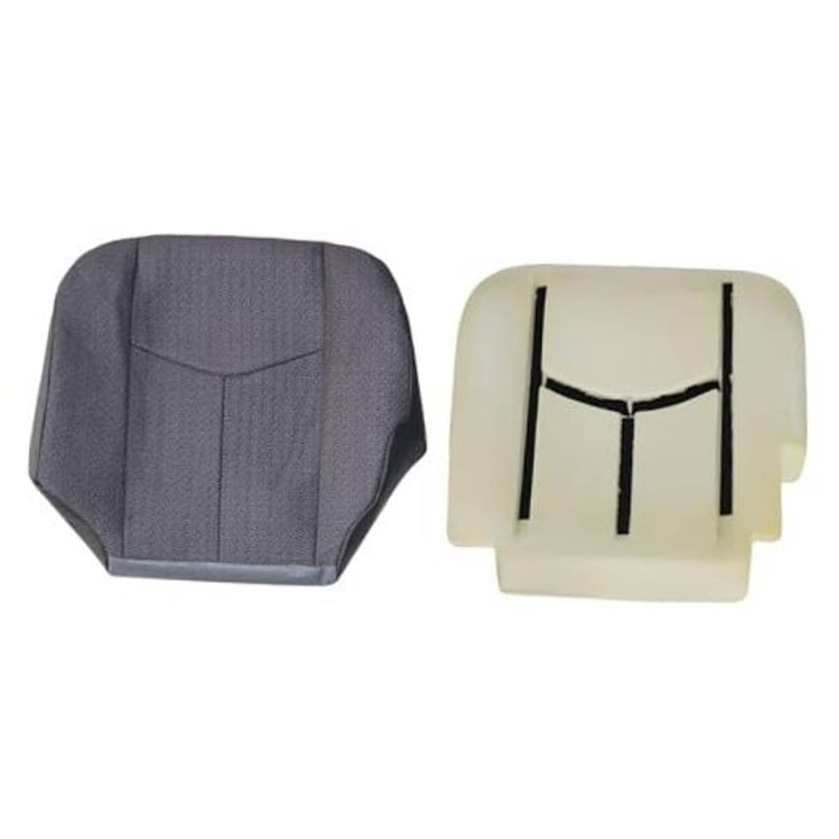 Dark gray cloth front driver seat bottom cover with molded contours and black trim edging
