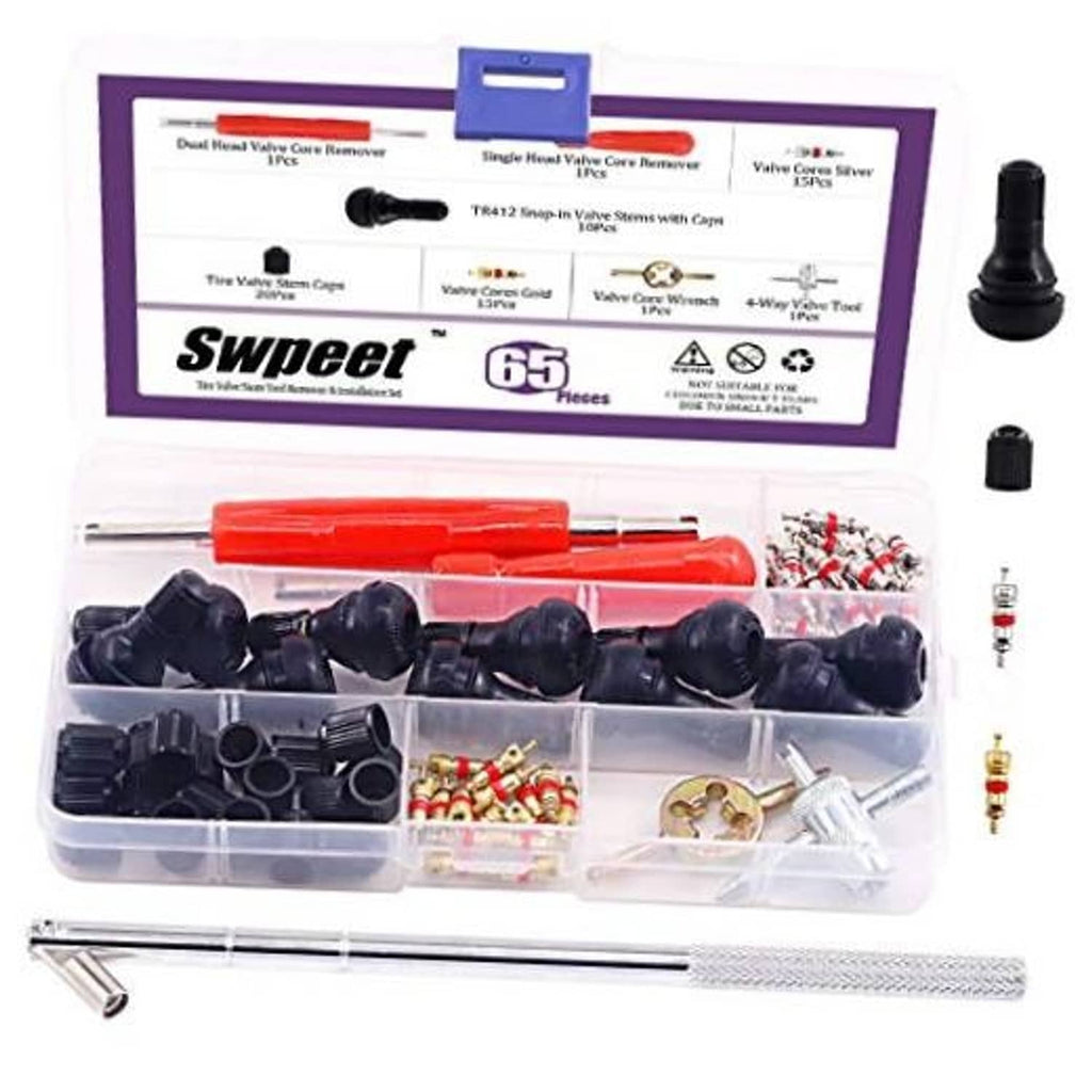Tire valve stem tool set with snap-in valve caps, remover tool, and wrench pieces in box