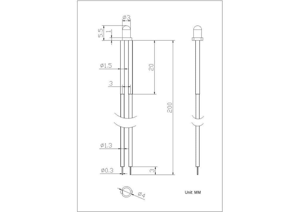 Technical dimension drawing for 3mm LED diode with mounting and lead measurements
