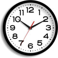 8-inch wall clock with black frame, white dial, bold numerals, and red second hand