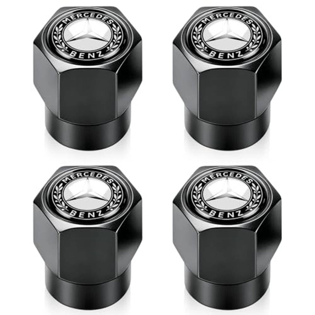 Black tire valve stem caps with Mercedes-Benz logo badges, glossy hex caps set