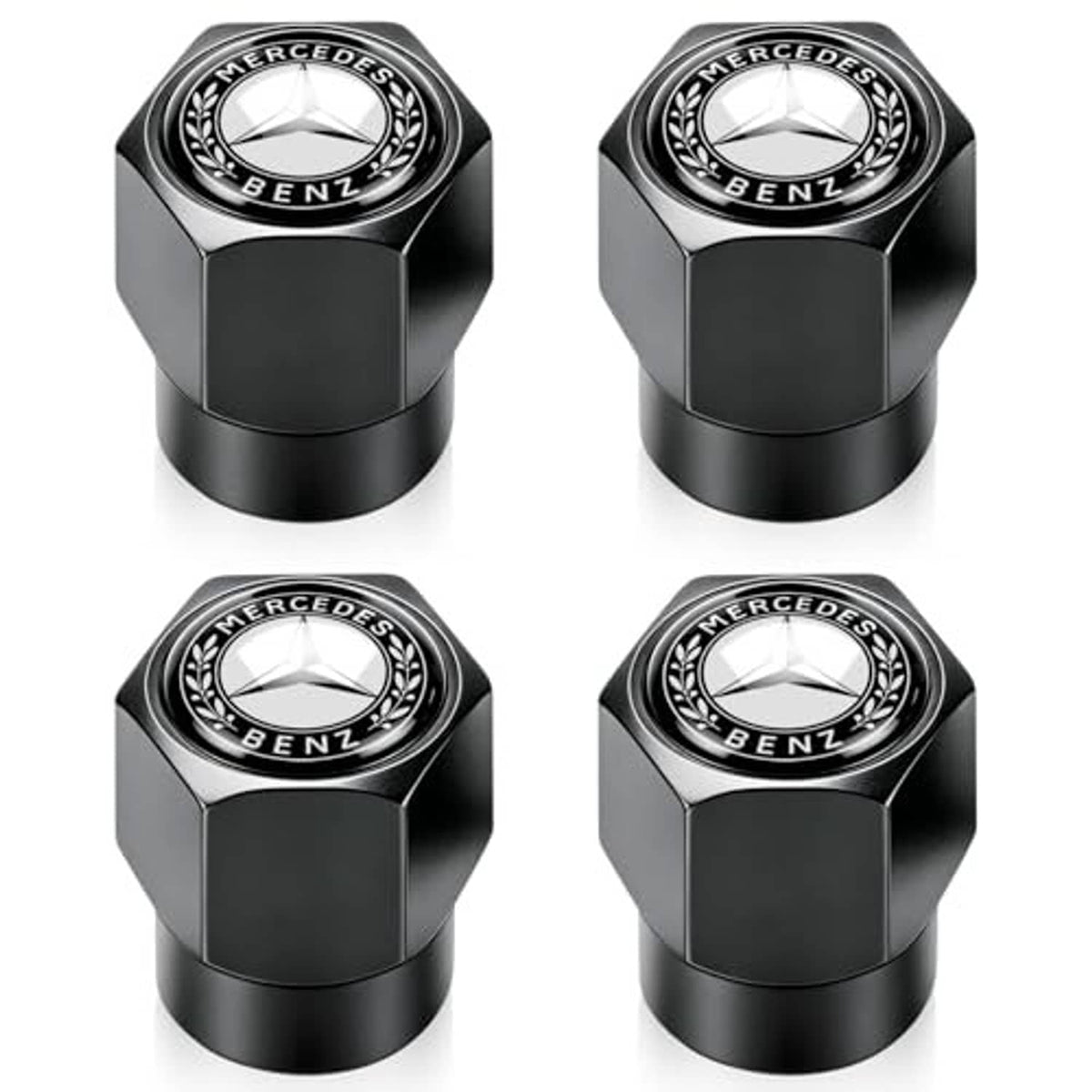 Black tire valve stem caps with Mercedes-Benz logo badges, glossy hex caps set