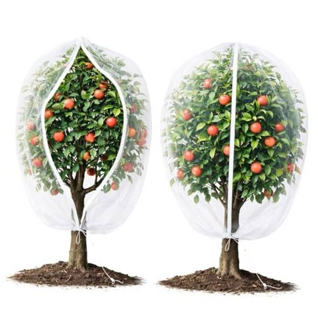 White fruit tree netting covers with zipper and drawstring, protecting two trees