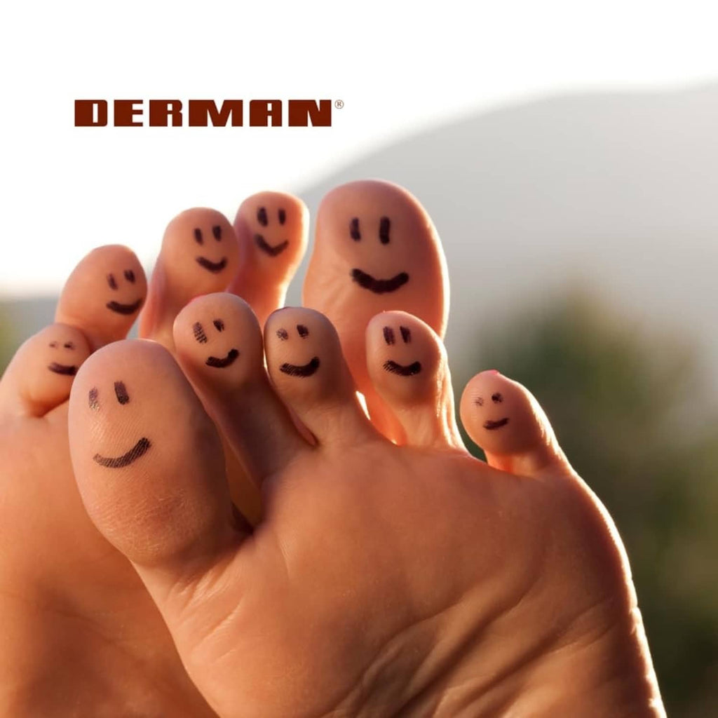 Bare toes with smiling face stickers, indicating comfort for athlete's foot relief.