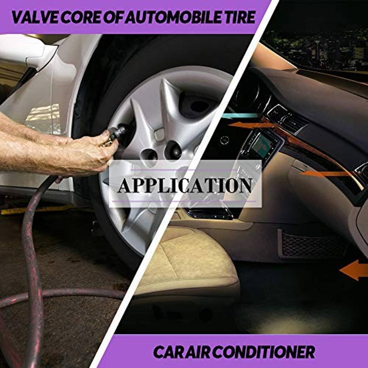 Vehicle application for AC refrigerant valve cores shown on tire and dashboard