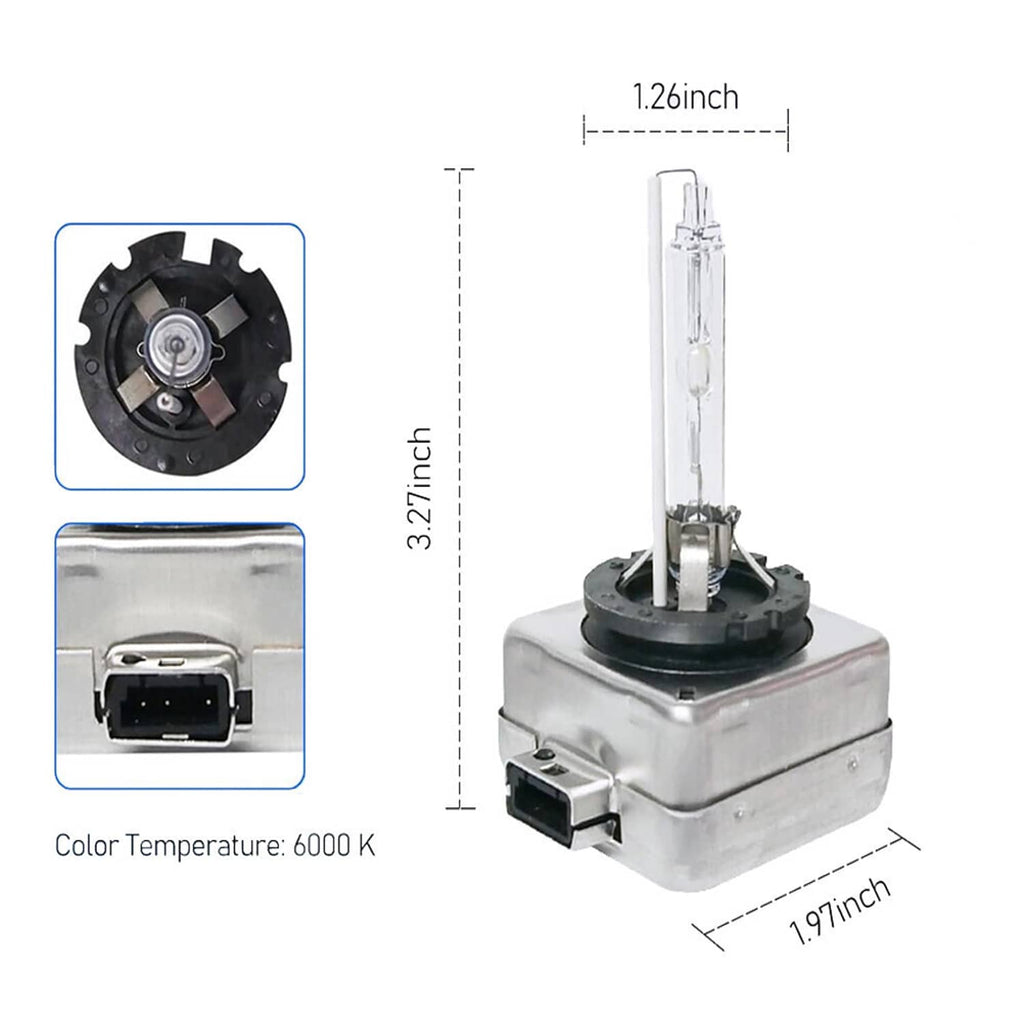 HID xenon headlight bulb with clear quartz tube and metal ballast unit, with size callouts