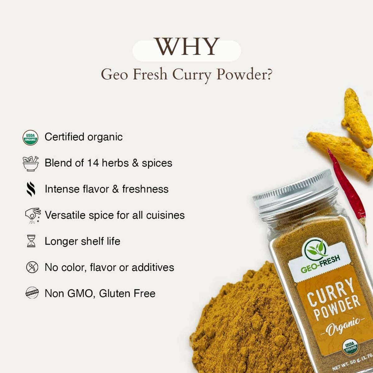 Organic curry powder jar beside a pile of golden powder