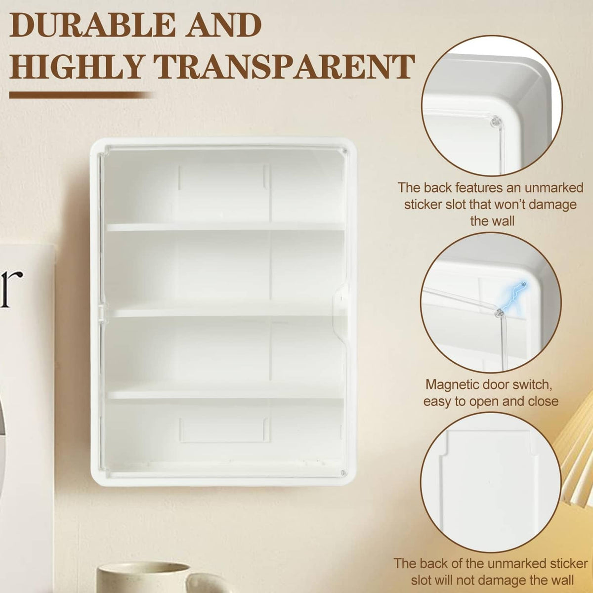 Wall-mounted clear display case with white door and three-tier interior shelves