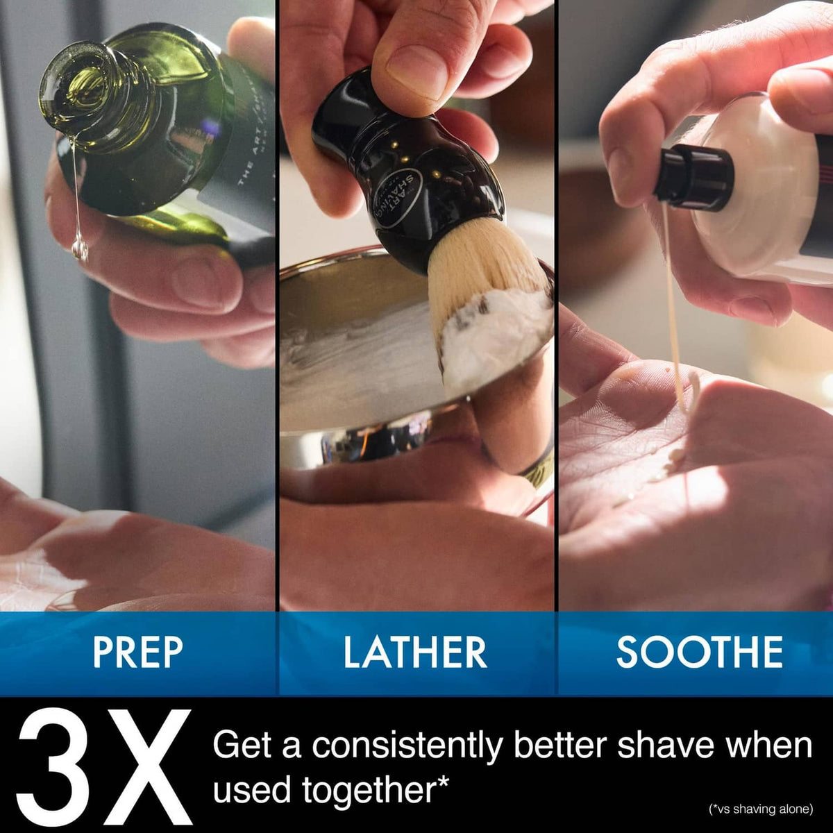 Hands using pre-shave oil for prep, lathering, and soothing steps.