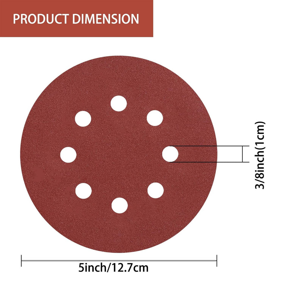 5-inch sanding disc size diagram with 3/8-inch measurements and punched holes