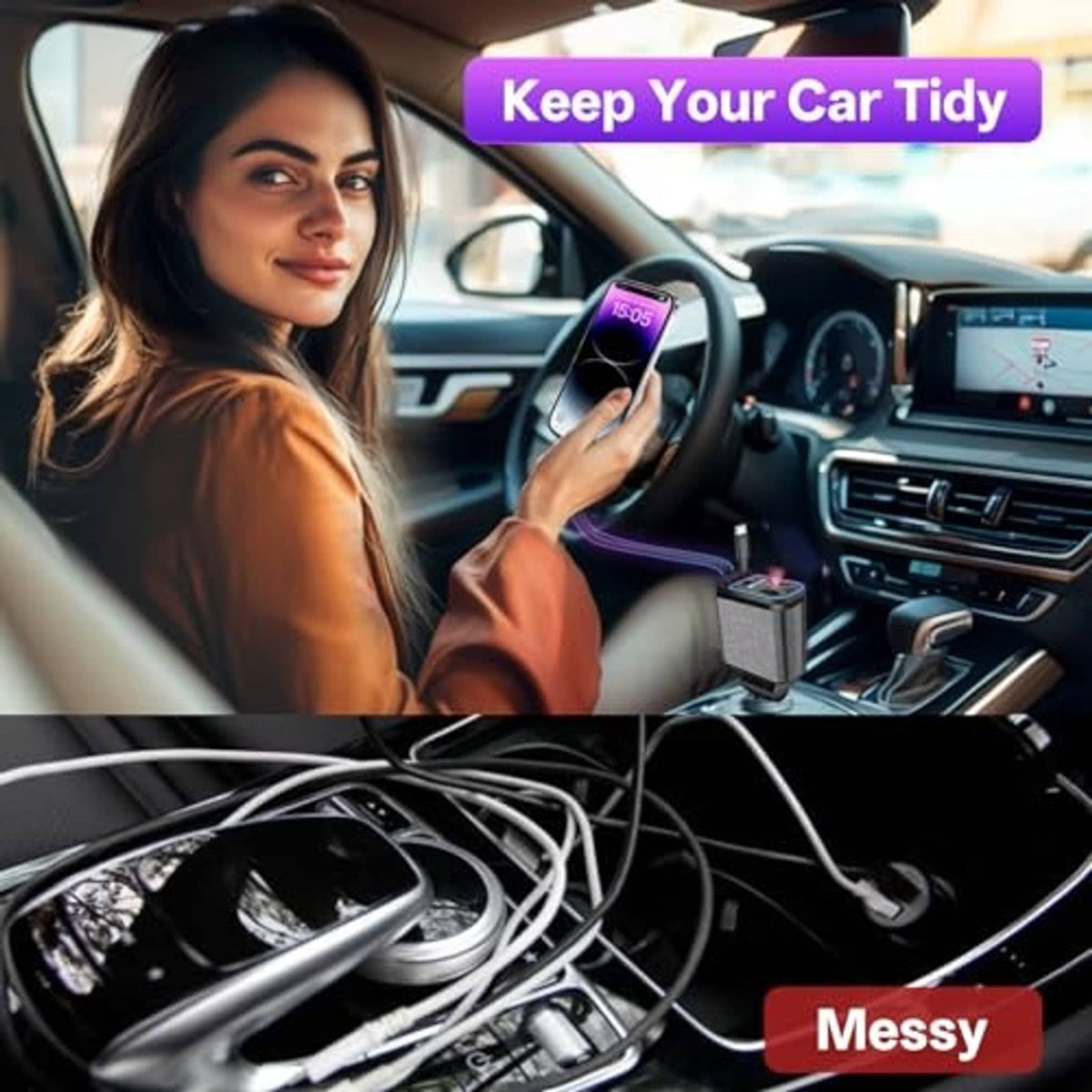 Retractable car charger dock on dashboard with purple light, silver and black housing