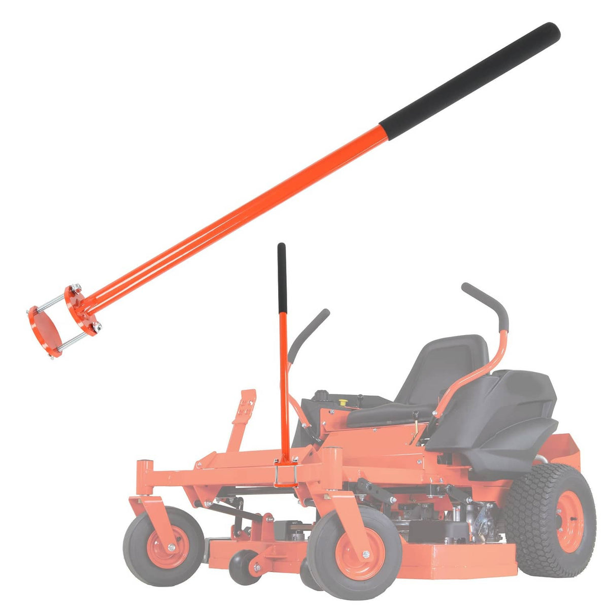 Wide view of zero-turn mower with orange mount assist handle kit installed