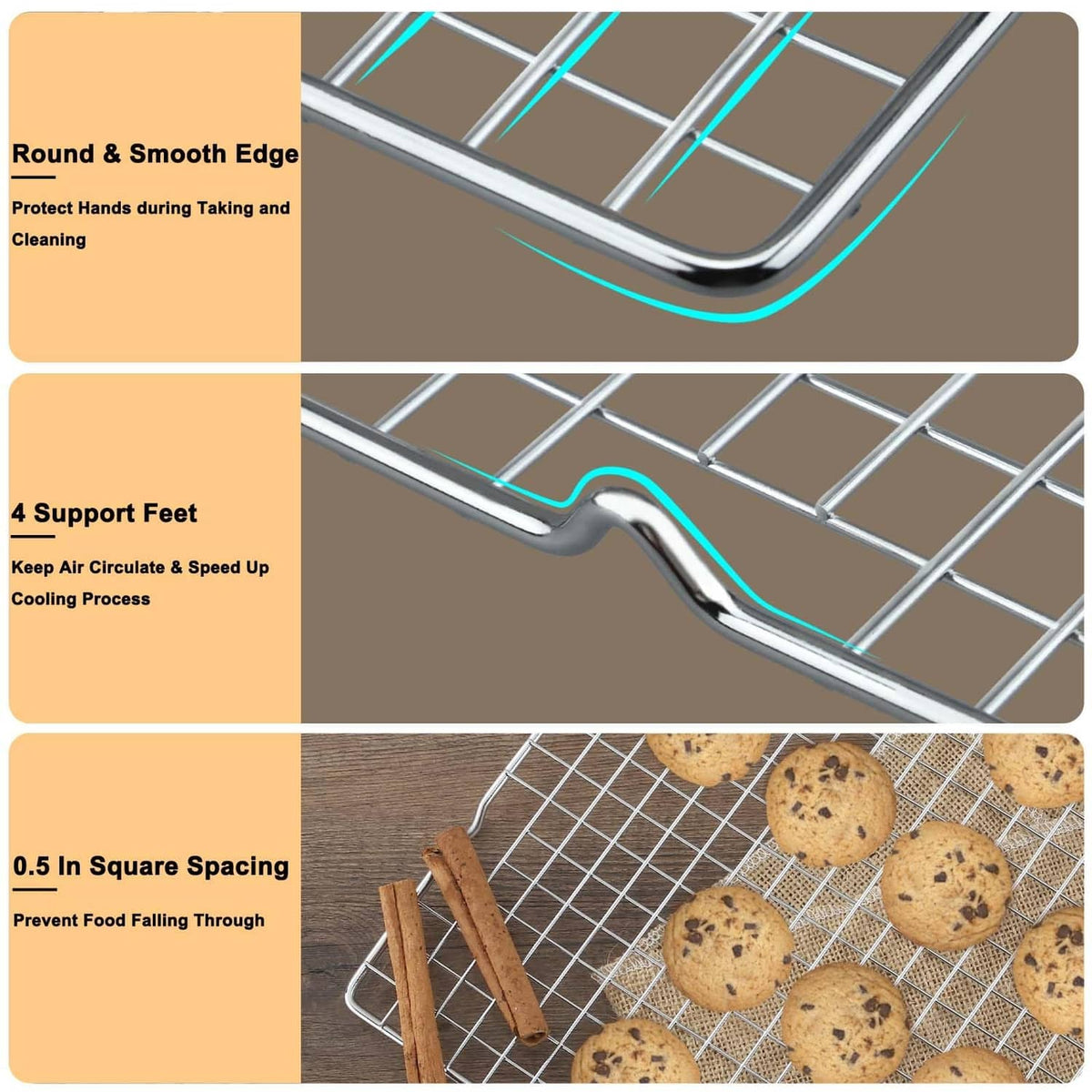 Silver cooling rack corner with smooth rounded edge and 4 support feet for stability