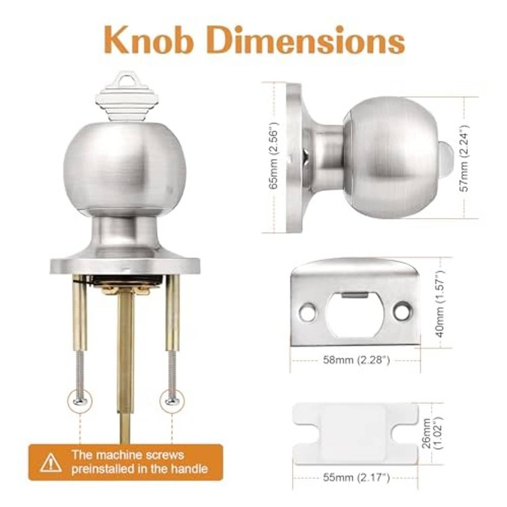 Brushed nickel keyed entry door knob set with latch, showing key and size dimensions