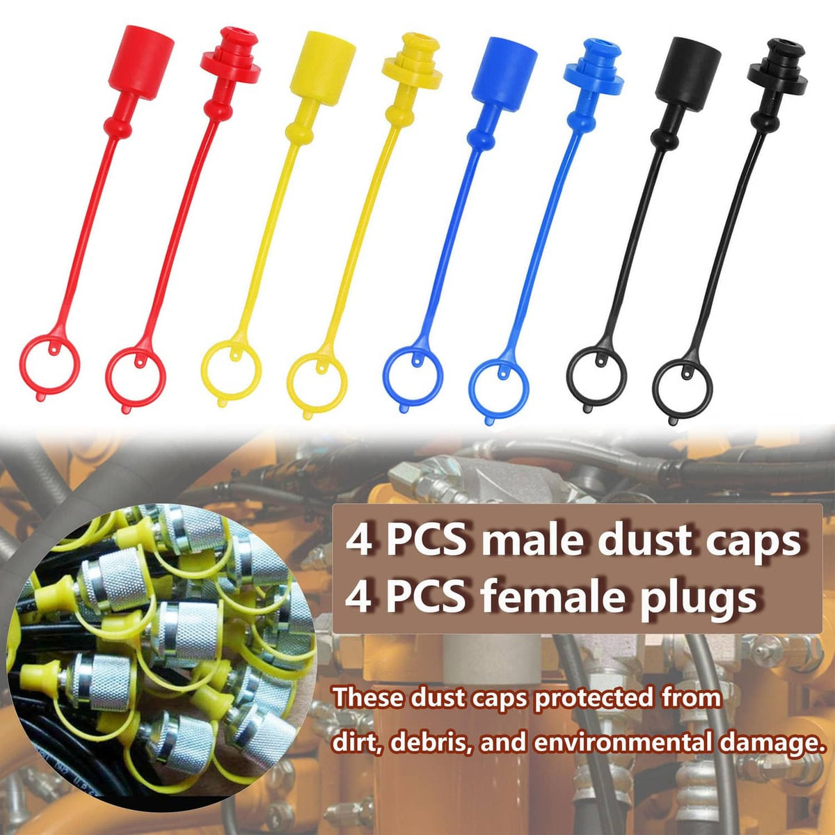 Hydraulic dust caps and plugs set with red, yellow, blue, and black covers and rings
