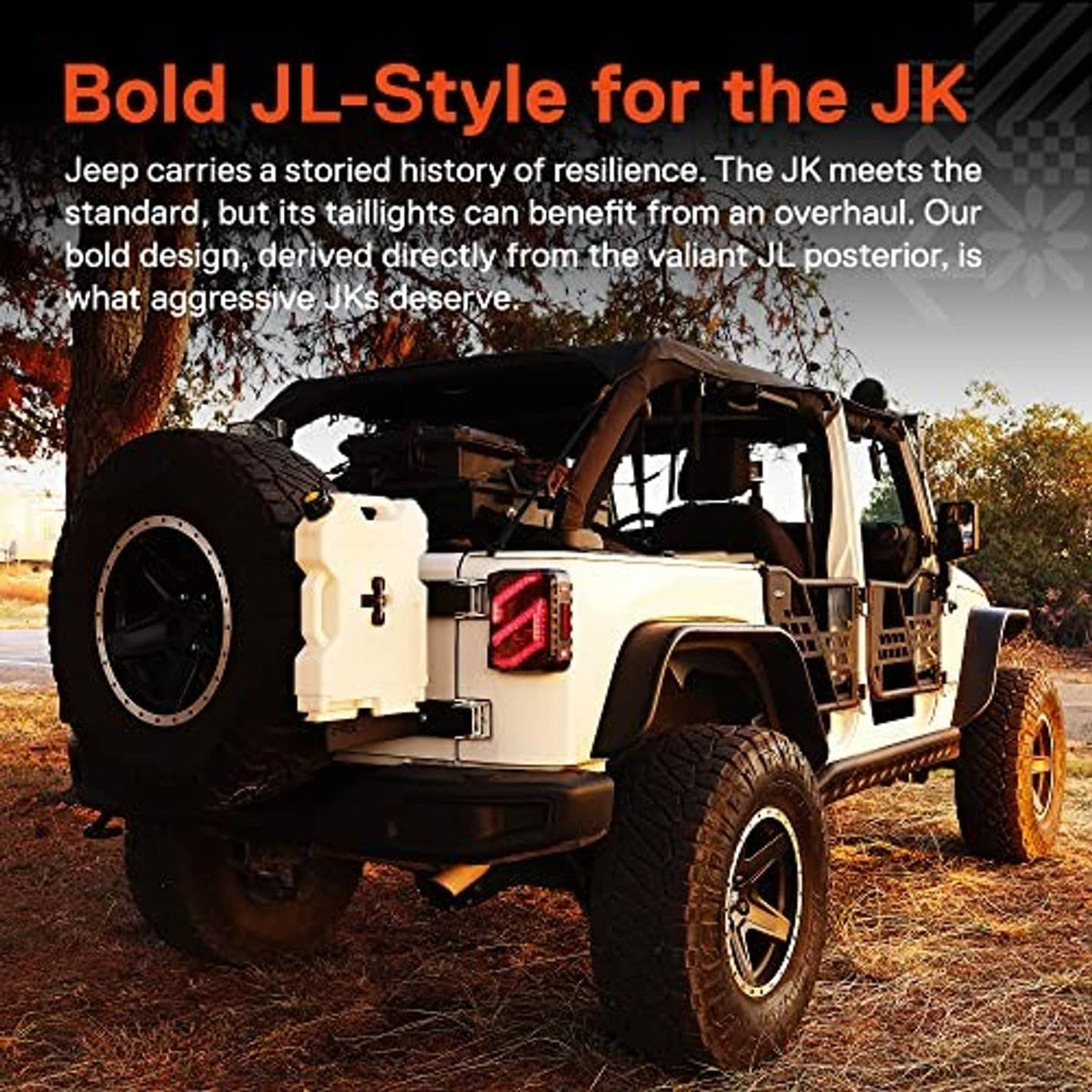 LED tail light set installed on an off-road Jeep with dark smoked lenses