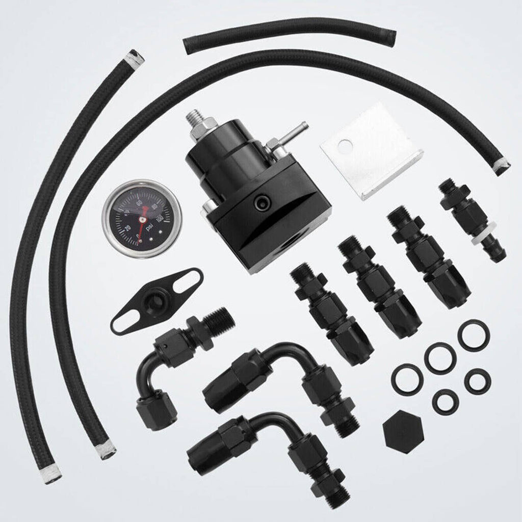 Fuel line system kit with black regulator, pressure gauge, braided hoses, and fittings
