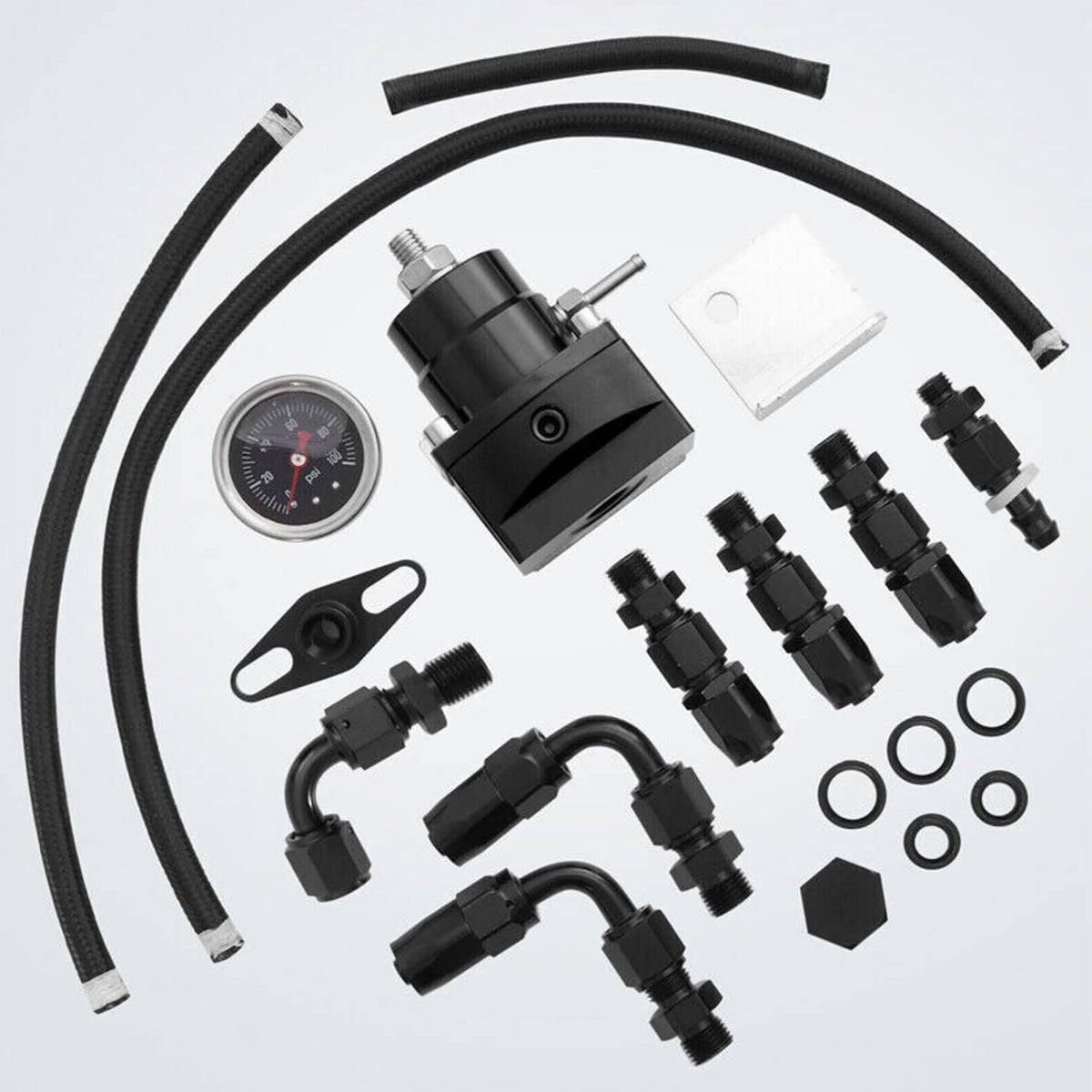 Fuel line system kit with black regulator, pressure gauge, braided hoses, and fittings