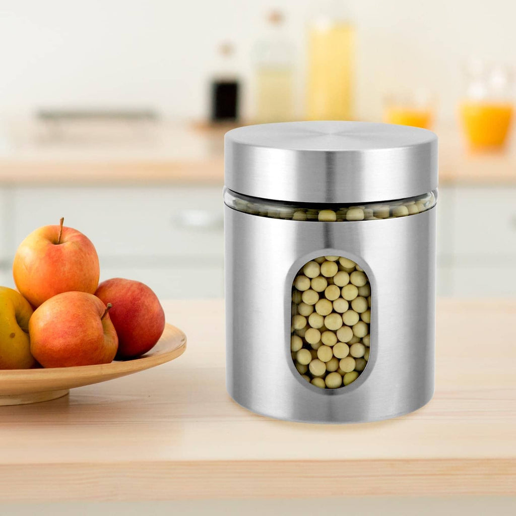 Stainless steel canister with clear oval window for pantry ingredients