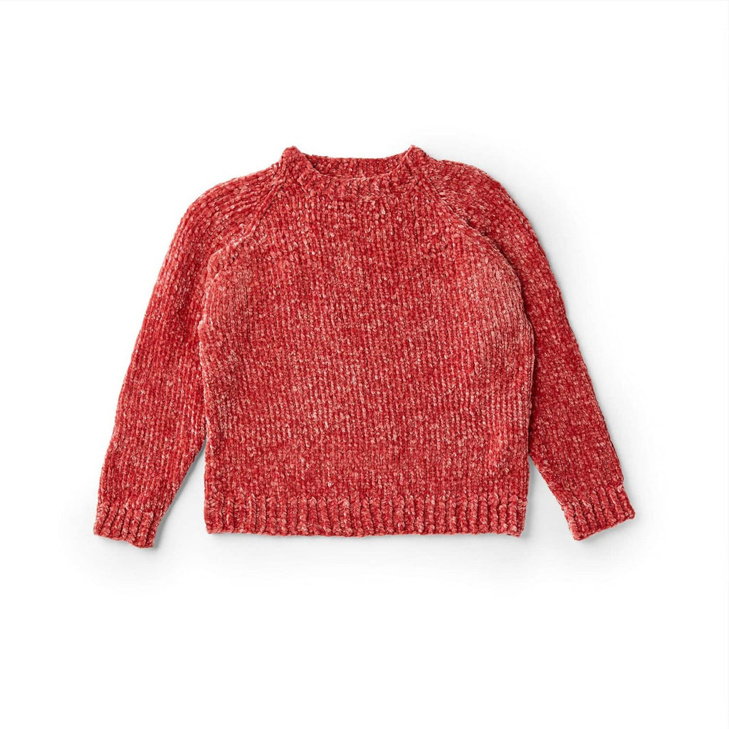 Red knitted sweater with ribbed crew neck and long sleeves