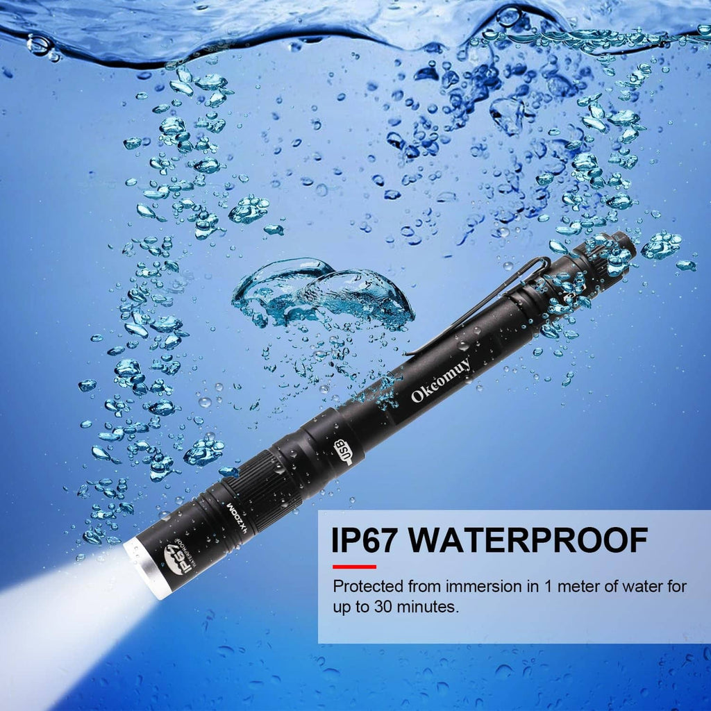 Okcomuy black rechargeable pen light with water droplets, IP67 waterproof style