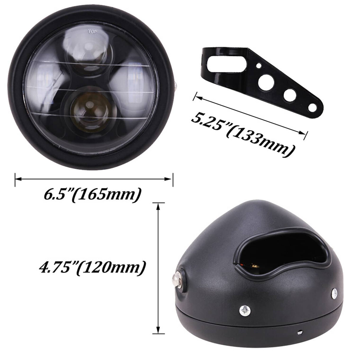 Round LED headlight with clear front lens and metal mounting bracket