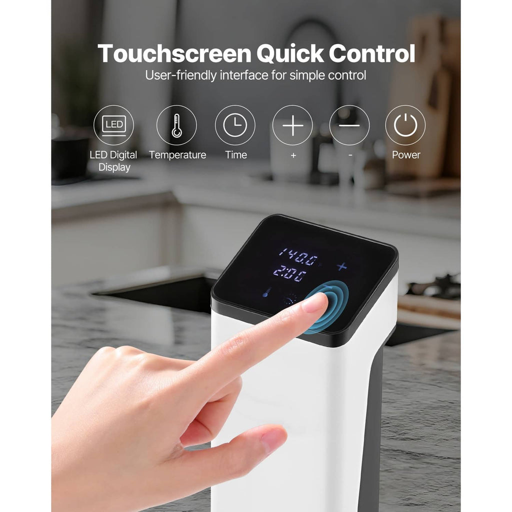 Sous vide precision cooker with touch LED screen, shown with hand pressing controls