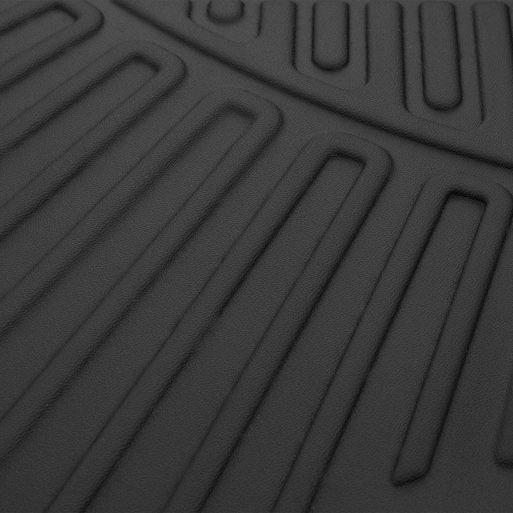 Black molded mat with close-up parallel traction ridges and molded texture details