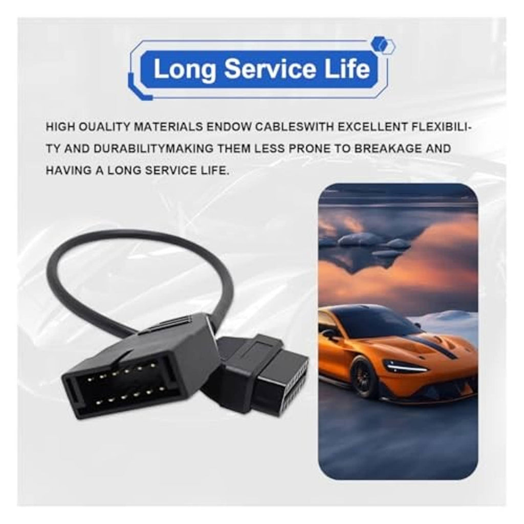 OBD1 to OBD2 adapter cable with flexible black wire and two connector plugs