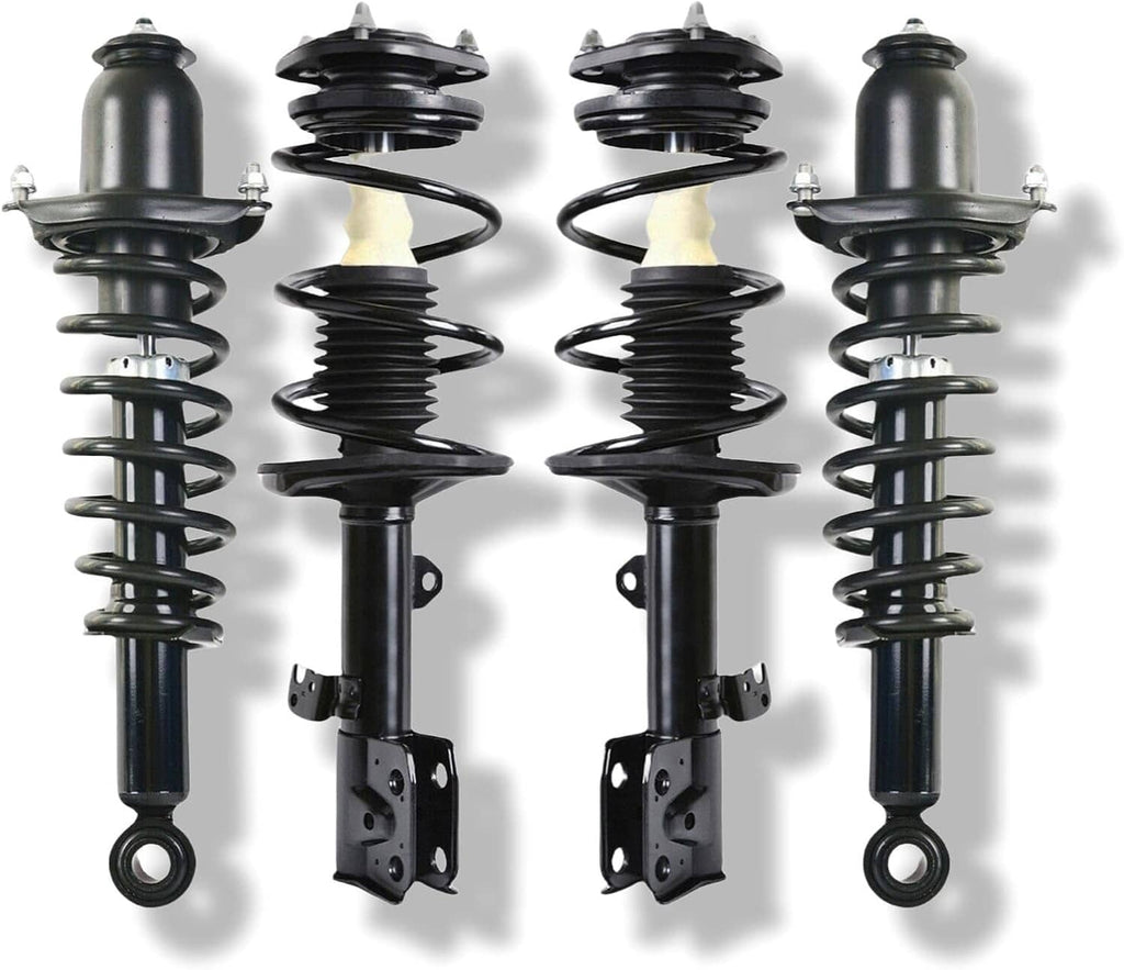 Front and rear strut assembly set with black coil springs and mounting hardware