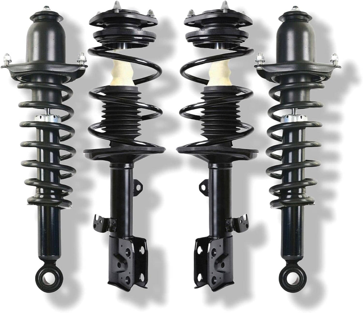 Front and rear strut assembly set with black coil springs and mounting hardware