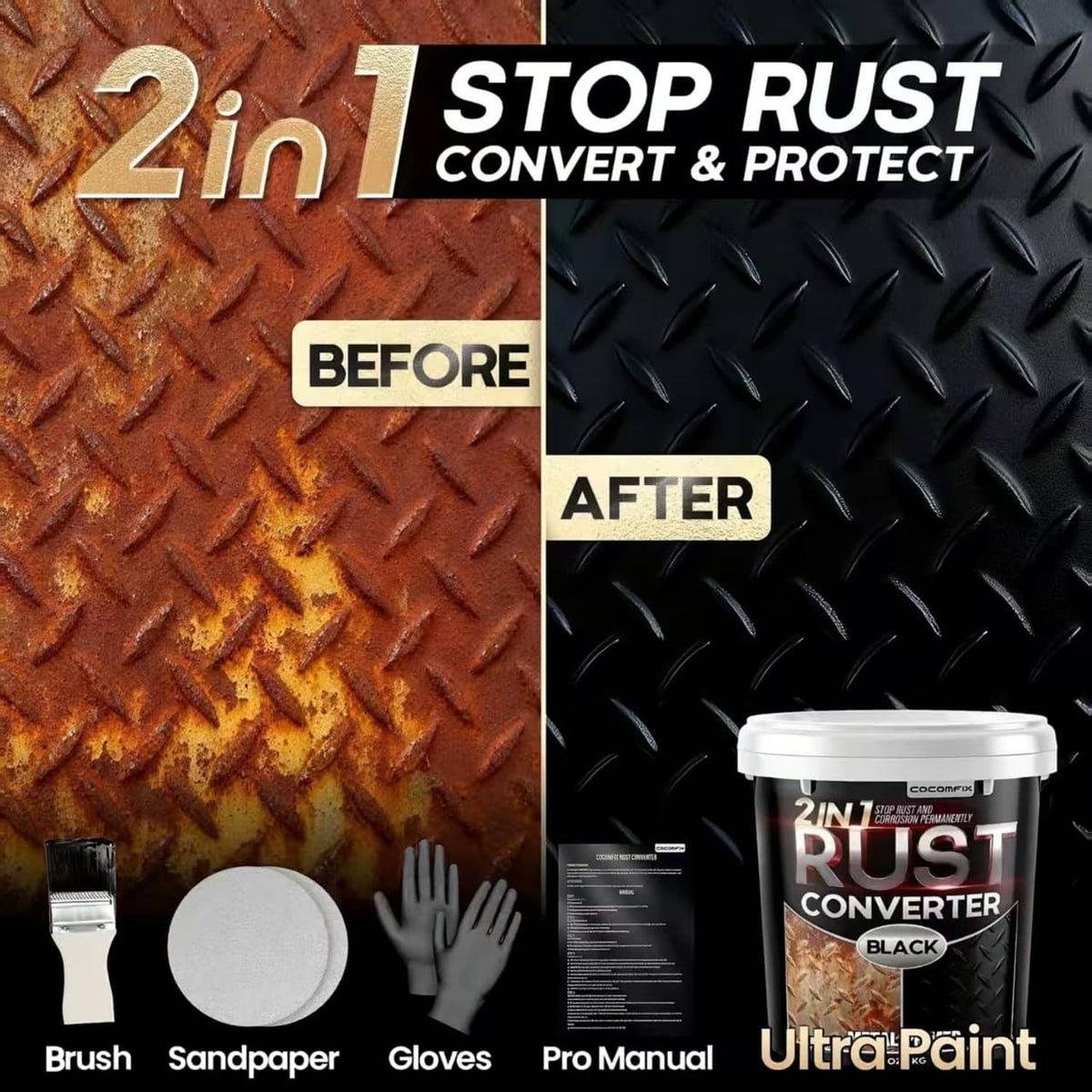 Black rust converter paint and metal primer can with before/after rust panels