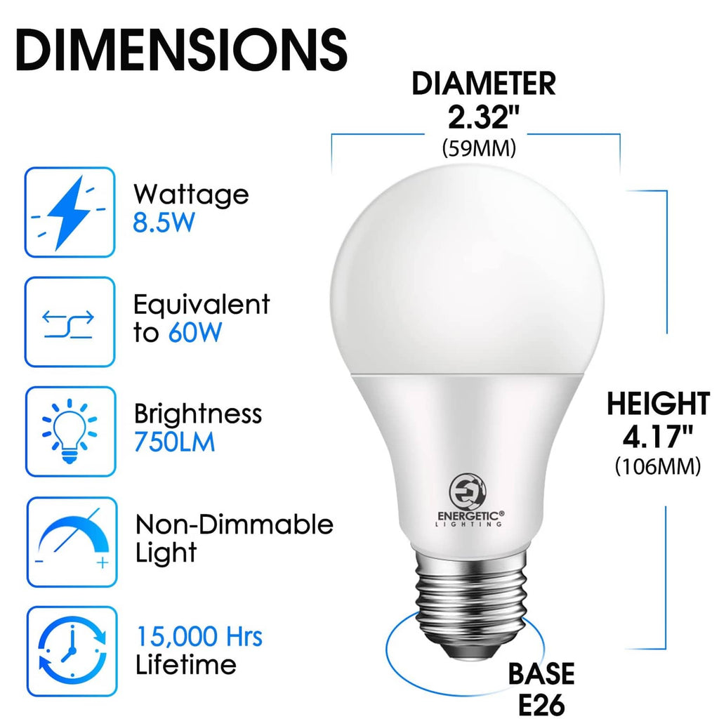 A19 LED light bulb with E26 base shown with dimensions and power icons